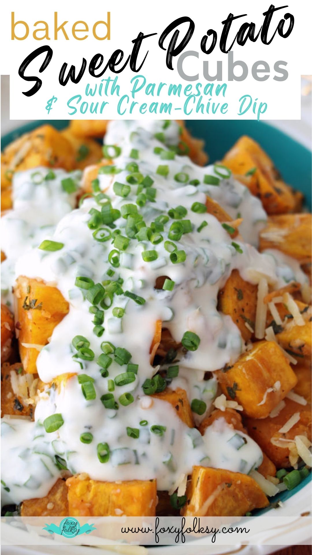 Baked sweet potato cubes with sour cream-chives dressing