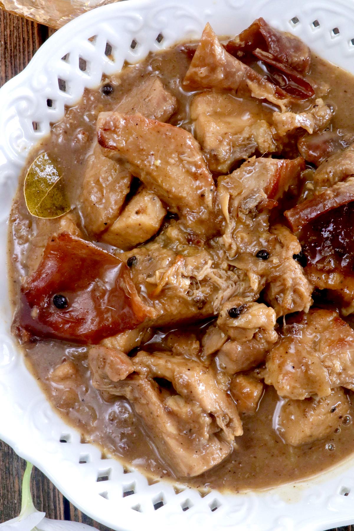 Paksiw na lechon made with leftover lechon simmered in vinegar, aromatics, and lechon sauce.